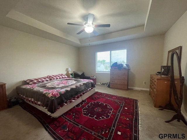 14316 S 19th Cir, Bellevue, NE 68123 - bedroom with a tray ceiling, light colored carpet, a ceiling fan, and baseboards