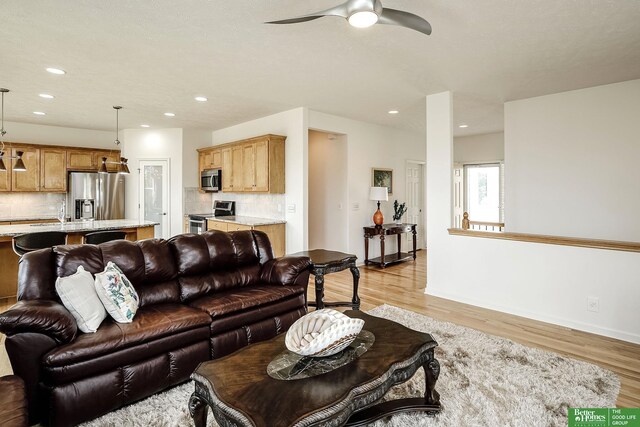 2627 N 166th St, Omaha, NE 68116 - living area featuring light wood-type flooring, ceiling fan, recessed lighting, and baseboards