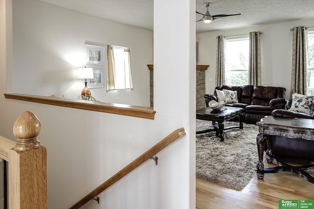 2627 N 166th St, Omaha, NE 68116 - living area with wood finished floors, a ceiling fan, and a stone fireplace