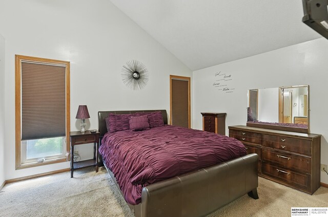 12335 Wirt St, Omaha, NE 68164 - bedroom with light colored carpet, high vaulted ceiling, and baseboards