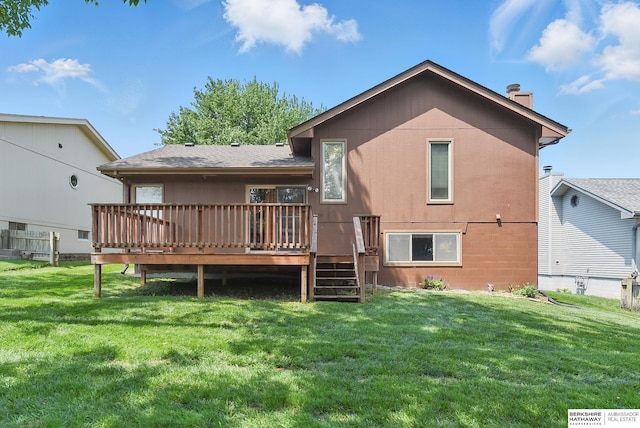 12335 Wirt St, Omaha, NE 68164 - rear view of house with a deck, a lawn, and a chimney