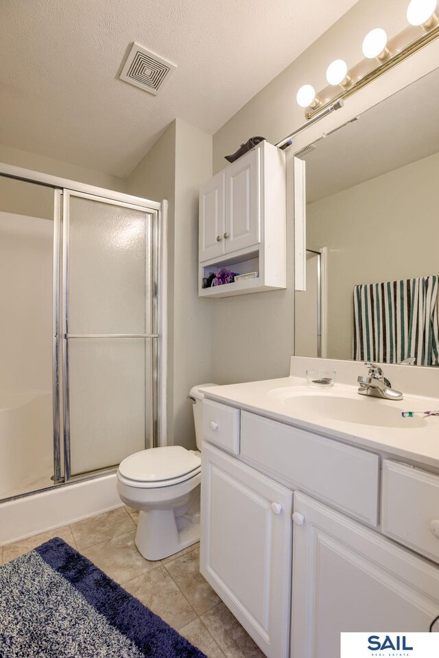 17103 Taylor St, Omaha, NE 68116 - full bathroom with vanity, a stall shower, toilet, and tile patterned floors