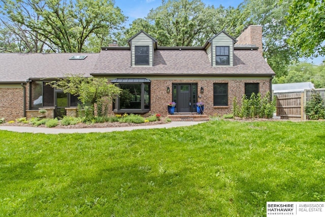 17409 Webster Blvd, Plattsmouth, NE 68048 - cape cod home featuring a chimney, brick siding, and roof with shingles
