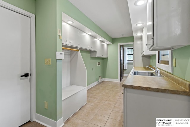 17409 Webster Blvd, Plattsmouth, NE 68048 - kitchen featuring a sink, white cabinetry, light tile patterned flooring, baseboards, and recessed lighting