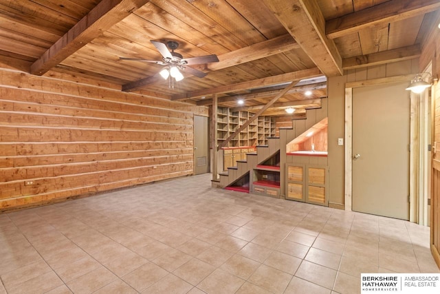 17409 Webster Blvd, Plattsmouth, NE 68048 - below grade area with wood ceiling, wood walls, stairs, ceiling fan, and tile patterned flooring