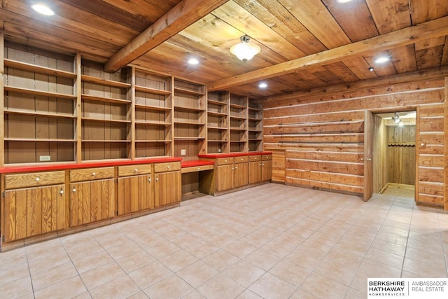 17409 Webster Blvd, Plattsmouth, NE 68048 - unfurnished office with wood ceiling with exposed beams, built in study area, and recessed lighting