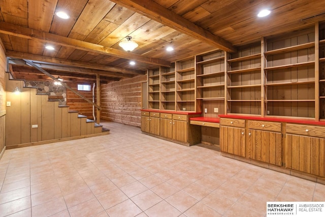 17409 Webster Blvd, Plattsmouth, NE 68048 - unfurnished office featuring wooden ceiling with exposed beams, built in study area, and wooden walls