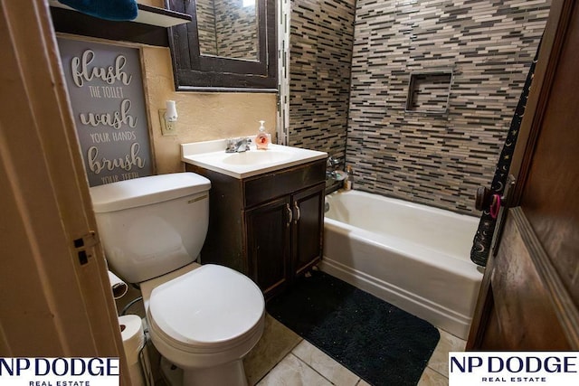 4023 Maple St, Omaha, NE 68111 - bathroom with toilet, vanity, washtub / shower combination, tile patterned flooring, and a textured wall