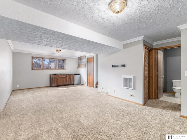 7824 La Vista Dr, La Vista, NE 68128 - basement featuring carpet flooring, a textured ceiling, crown molding, and fridge