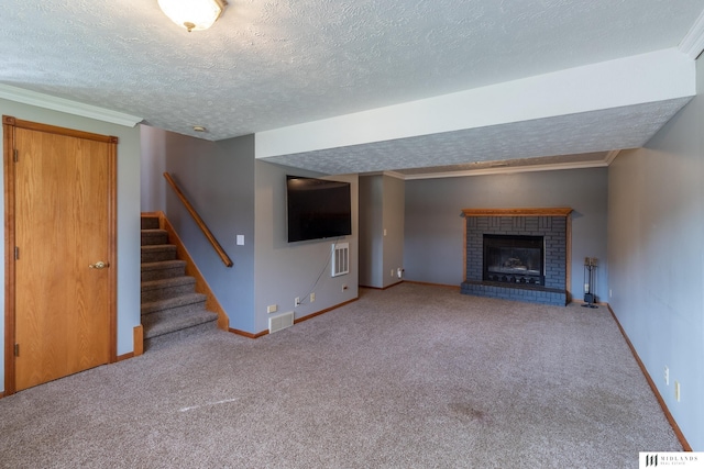 7824 La Vista Dr, La Vista, NE 68128 - unfurnished living room with carpet floors, a textured ceiling, stairs, and a fireplace