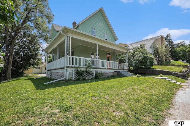 4701 Davenport St, Omaha, NE 68132 - farmhouse with a chimney, a front lawn, and covered porch