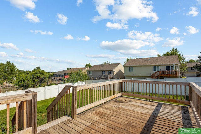 14463 Reynolds St, Omaha, NE 68007 - wooden terrace featuring a residential view, a fenced backyard, and stairs