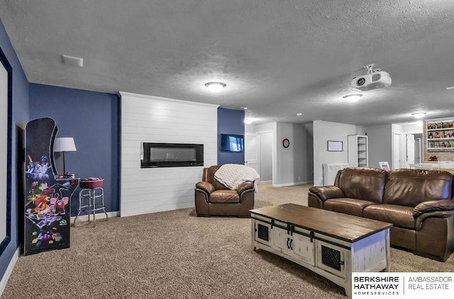 14807 S 24th St, Bellevue, NE 68123 - living room with carpet flooring, a textured ceiling, baseboards, and a fireplace
