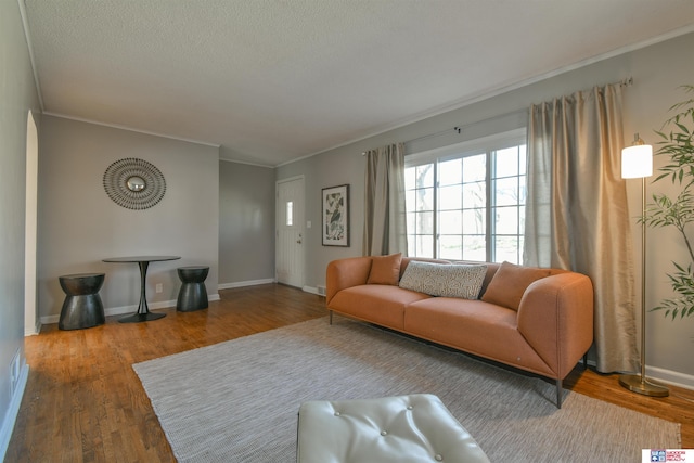 920 Clark Ave, Lincoln, NE 68510 - living room featuring ornamental molding, wood finished floors, a textured ceiling, and baseboards