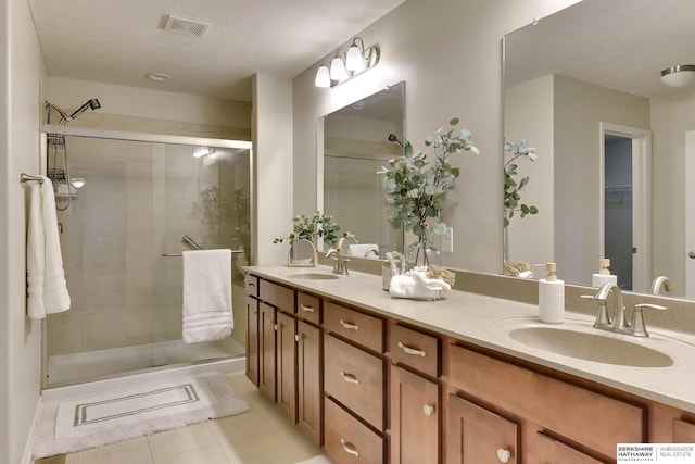 18337 Polk St, Omaha, NE 68135 - bathroom with double vanity, tile patterned floors, a stall shower, and a walk in closet