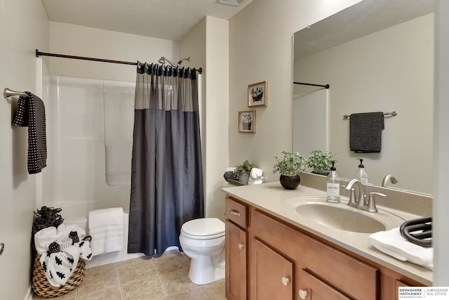 18337 Polk St, Omaha, NE 68135 - full bathroom with vanity, toilet, shower / bath combo with shower curtain, and tile patterned floors
