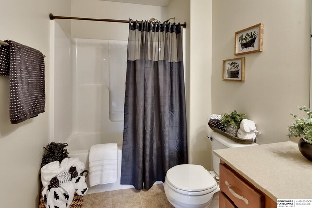 18337 Polk St, Omaha, NE 68135 - bathroom with toilet, shower / bathtub combination with curtain, vanity, and tile patterned flooring