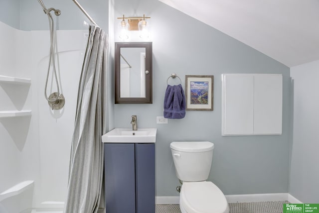 1008 J E George Blvd, Omaha, NE 68132 - bathroom with toilet, vanity, a shower with shower curtain, lofted ceiling, and baseboards
