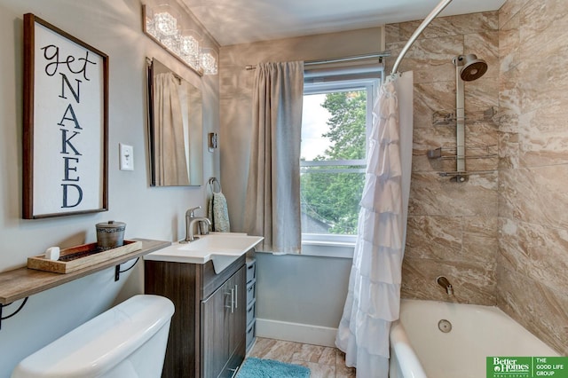 406 S 49th St, Omaha, NE 68132 - bathroom with vanity, shower / bathtub combination with curtain, toilet, and baseboards