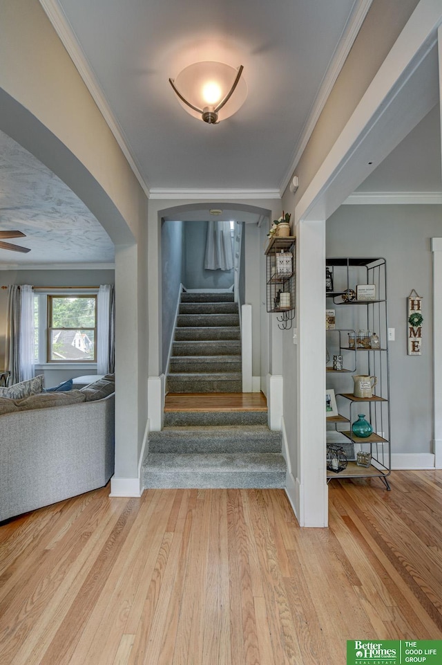 406 S 49th St, Omaha, NE 68132 - stairway featuring wood finished floors, arched walkways, ornamental molding, and baseboards
