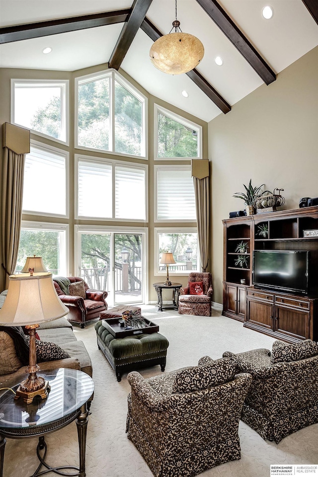 12829 Izard St, Omaha, NE 68154 - carpeted living room featuring high vaulted ceiling, beam ceiling, plenty of natural light, baseboards, and recessed lighting