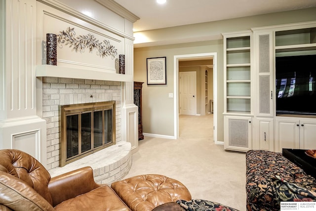 12829 Izard St, Omaha, NE 68154 - living area featuring light carpet, a brick fireplace, and baseboards