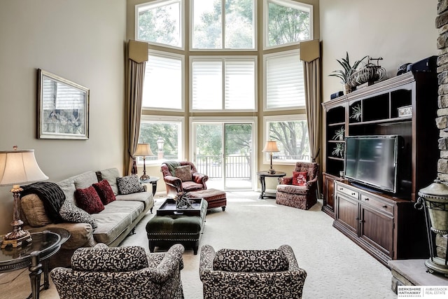 12829 Izard St, Omaha, NE 68154 - living room featuring a high ceiling, light colored carpet, and plenty of natural light
