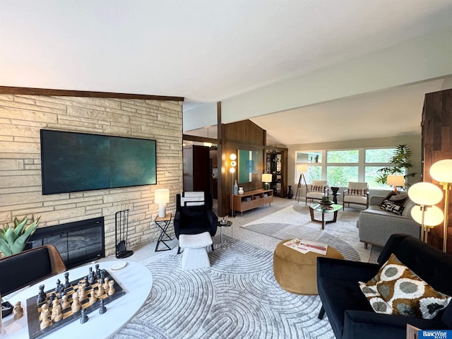5941 Margo Dr, Lincoln, NE 68510 - carpeted living area with lofted ceiling and a fireplace