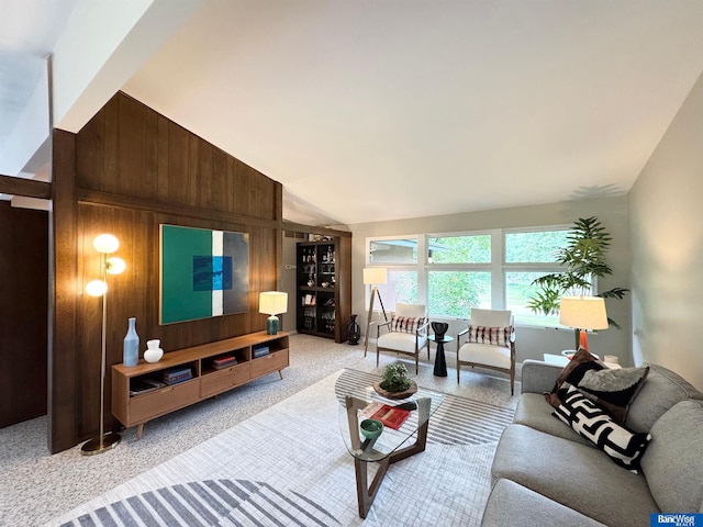 5941 Margo Dr, Lincoln, NE 68510 - living room featuring carpet, vaulted ceiling, and wooden walls
