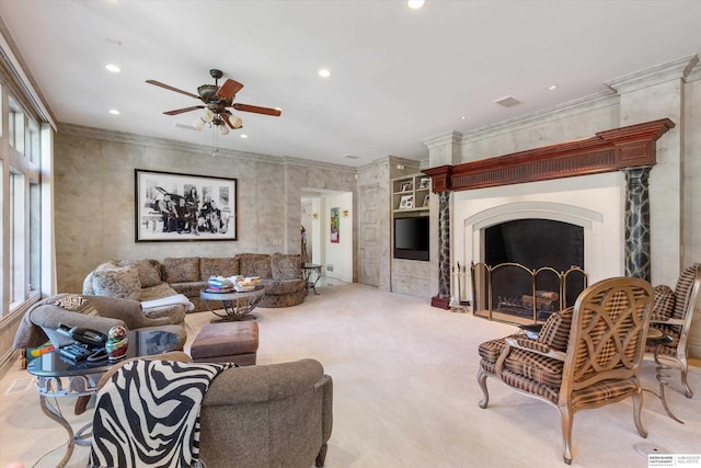 1215 N 136th St, Omaha, NE 68154 - carpeted living room with ceiling fan, recessed lighting, a fireplace, and crown molding