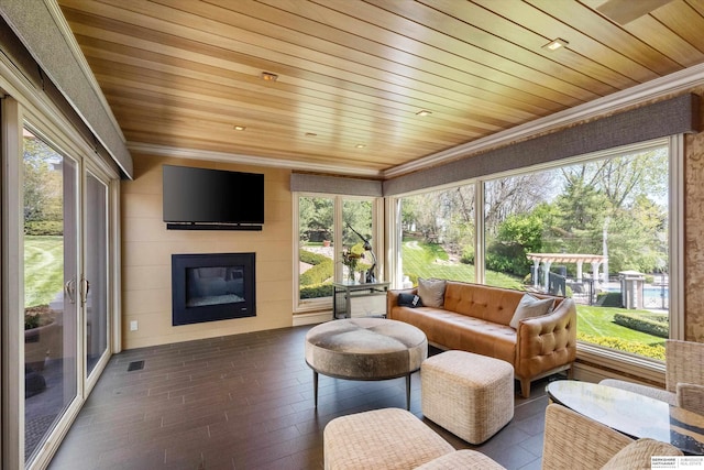 1215 N 136th St, Omaha, NE 68154 - sunroom / solarium featuring wood ceiling, crown molding, and wood finished floors