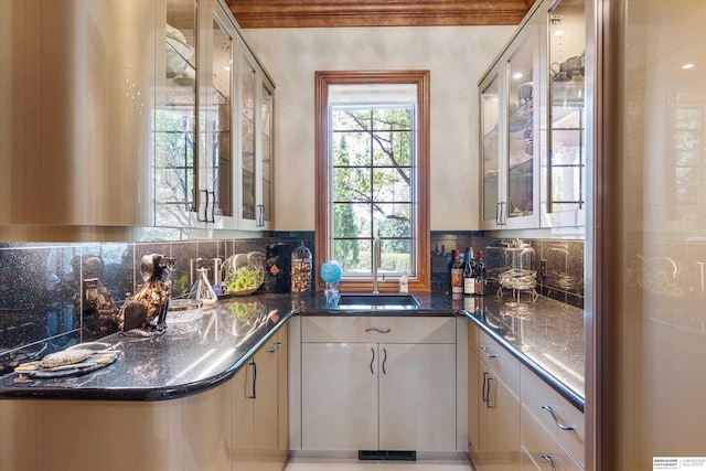 1215 N 136th St, Omaha, NE 68154 - indoor wet bar featuring backsplash and ornamental molding