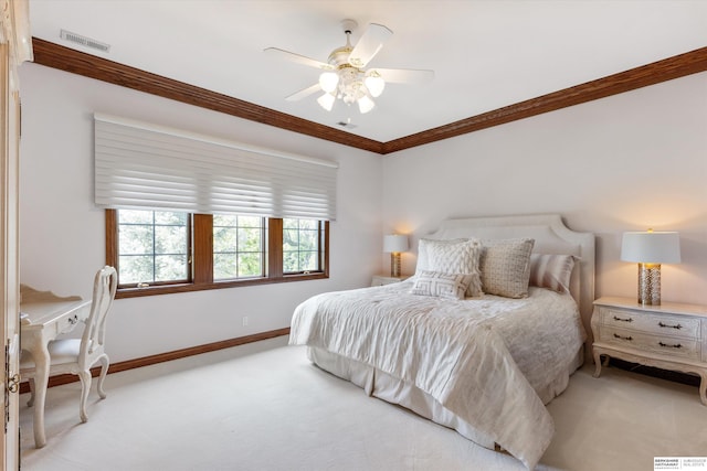 1215 N 136th St, Omaha, NE 68154 - bedroom featuring light colored carpet, ornamental molding, baseboards, and a ceiling fan
