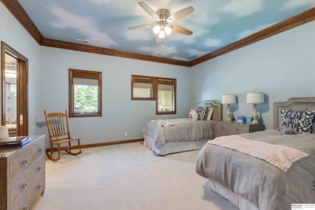 1215 N 136th St, Omaha, NE 68154 - bedroom with light carpet, crown molding, baseboards, and a ceiling fan