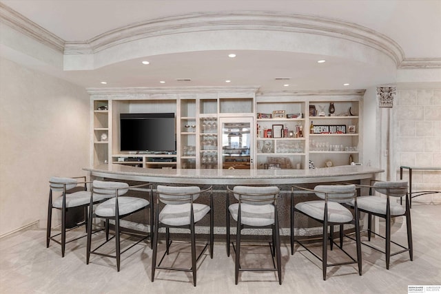1215 N 136th St, Omaha, NE 68154 - bar area featuring crown molding, built in features, and recessed lighting