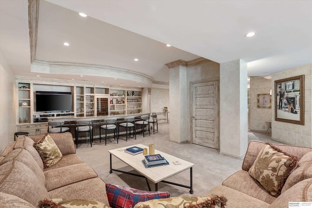 1215 N 136th St, Omaha, NE 68154 - living room with crown molding, recessed lighting, and built in features