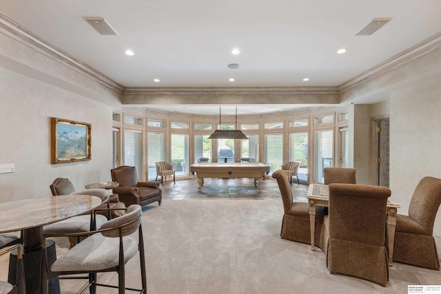 1215 N 136th St, Omaha, NE 68154 - dining area with crown molding, plenty of natural light, billiards, recessed lighting, and light carpet