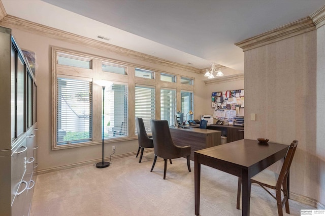 1215 N 136th St, Omaha, NE 68154 - office space with light colored carpet, ornamental molding, baseboards, and a chandelier