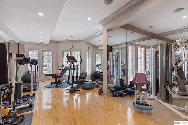 1215 N 136th St, Omaha, NE 68154 - gym featuring crown molding, wood finished floors, and recessed lighting