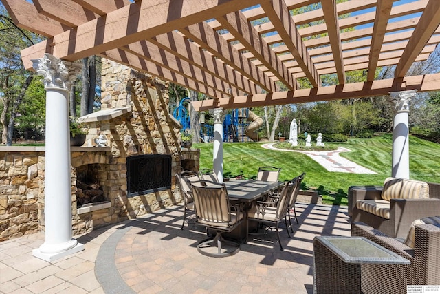 1215 N 136th St, Omaha, NE 68154 - view of patio / terrace with an outdoor stone fireplace, outdoor dining area, and a pergola