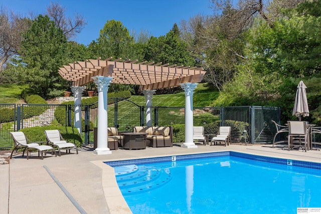 1215 N 136th St, Omaha, NE 68154 - view of swimming pool with a pergola, an outdoor living space, a patio area, and view of wooded area