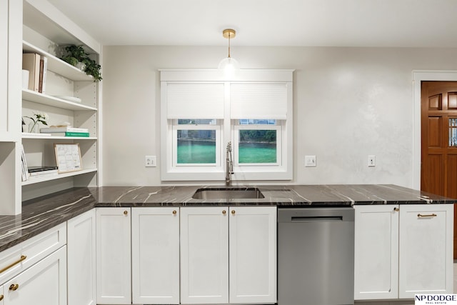 6236 Poppleton Ave, Omaha, NE 68106 - kitchen featuring stainless steel dishwasher, a sink, open shelves, dark stone counters, and white cabinets