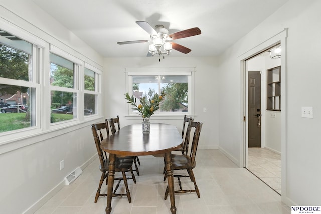 6236 Poppleton Ave, Omaha, NE 68106 - dining space with plenty of natural light, ceiling fan, light tile patterned floors, and baseboards