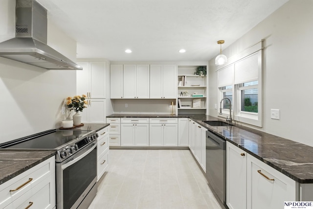 6236 Poppleton Ave, Omaha, NE 68106 - kitchen with wall chimney exhaust hood, appliances with stainless steel finishes, a sink, open shelves, and dark stone counters