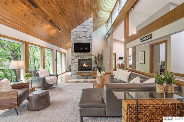 1606 Camp Gifford Rd, Bellevue, NE 68005 - living area with rail lighting, high vaulted ceiling, a fireplace, and wood ceiling