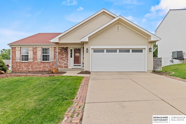 16325 Erskine St, Omaha, NE 68116 - view of front of property featuring concrete driveway, a front yard, brick siding, central air condition unit, and an attached garage