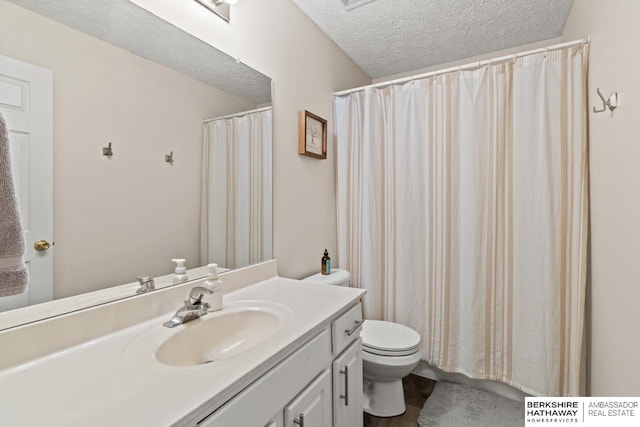 16325 Erskine St, Omaha, NE 68116 - full bathroom featuring vanity, toilet, a textured ceiling, and curtained shower