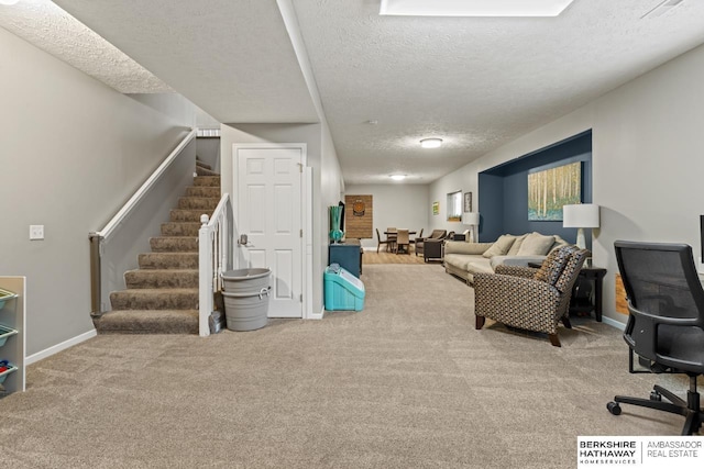 16325 Erskine St, Omaha, NE 68116 - carpeted living room featuring a textured ceiling, stairway, and baseboards