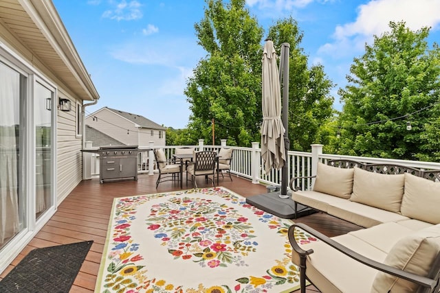 16325 Erskine St, Omaha, NE 68116 - wooden terrace with an outdoor living space, outdoor dining space, and a grill