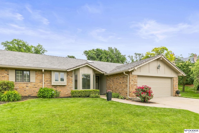 9962 Fieldcrest Dr, Omaha, NE 68114 - ranch-style house with concrete driveway, a garage, a front lawn, and brick siding